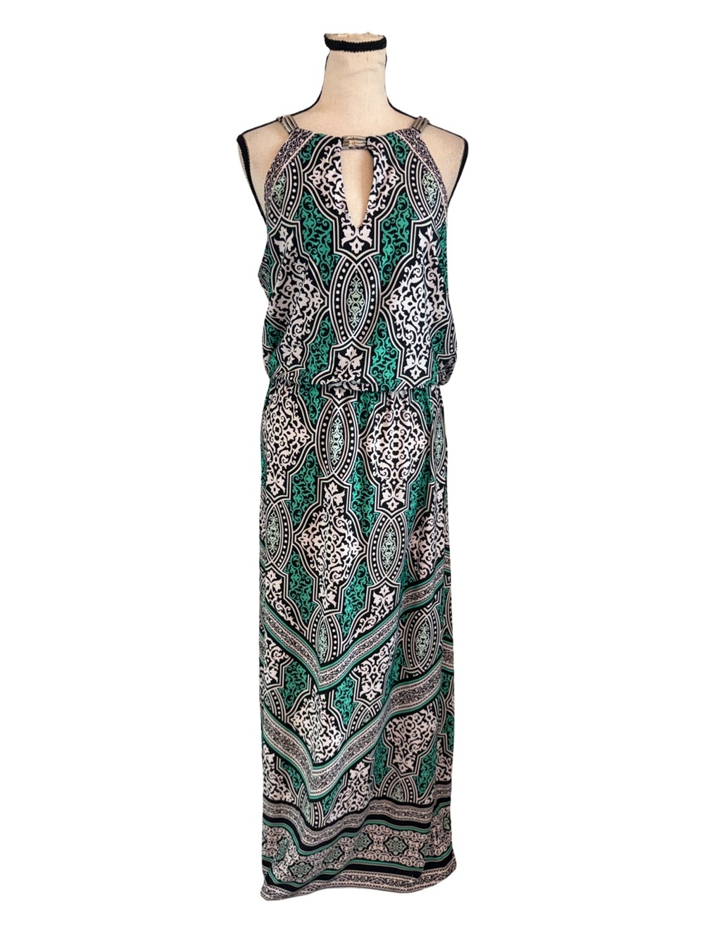 White House Black Market S Teal Black White Printed Maxi Dress Cutout Neckline